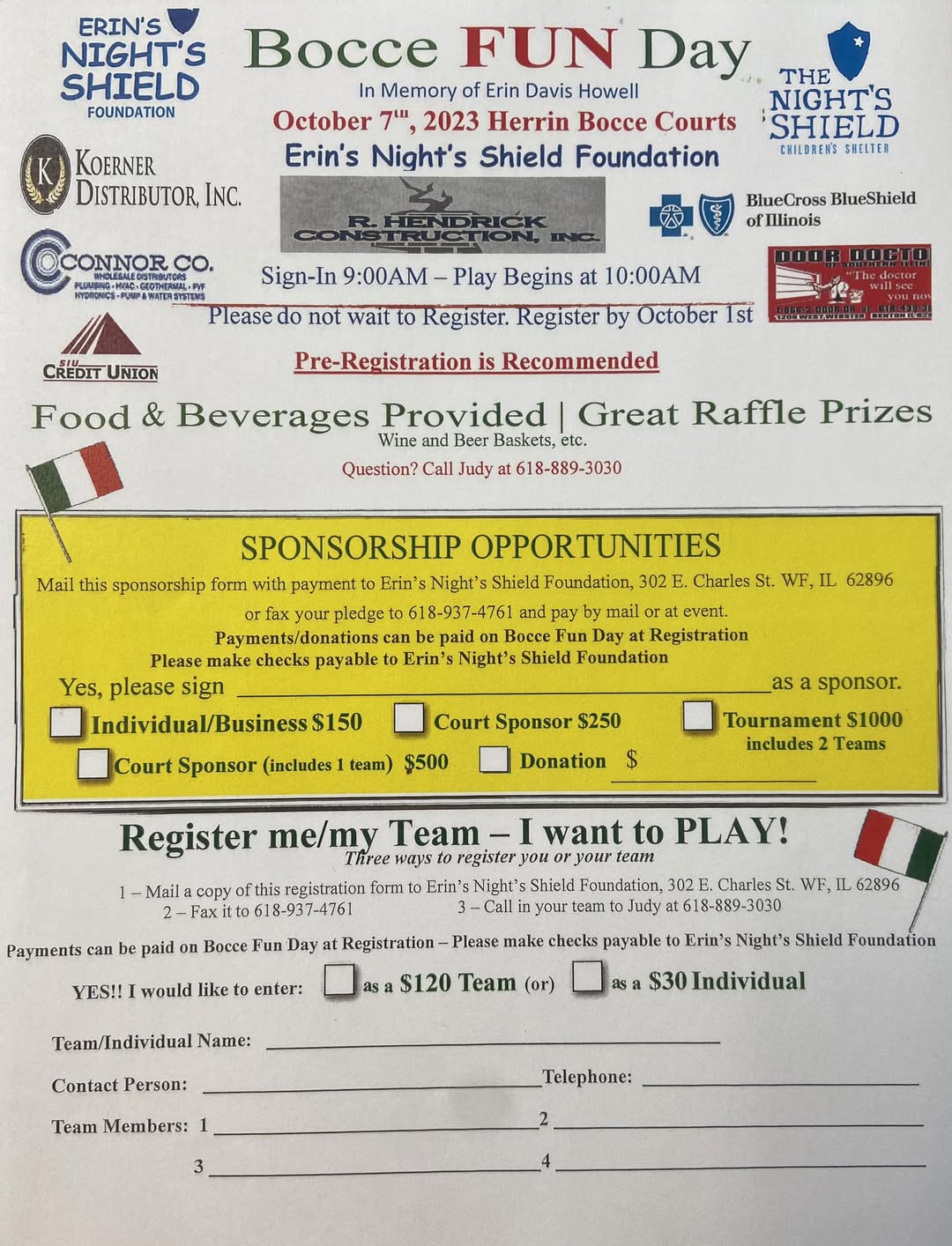 Bocce Fun Day registration flyer with sponsors